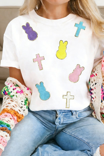 Easter Chenille Bunny Cross Patch White Casual Tee