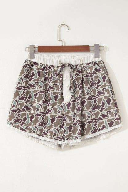 Camo Lace Trim Boxer Shorts Drawstring Lounge Shorts