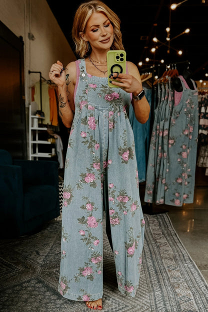 Blue Floral Wide Leg Denim Jumpsuit with Adjustable Straps