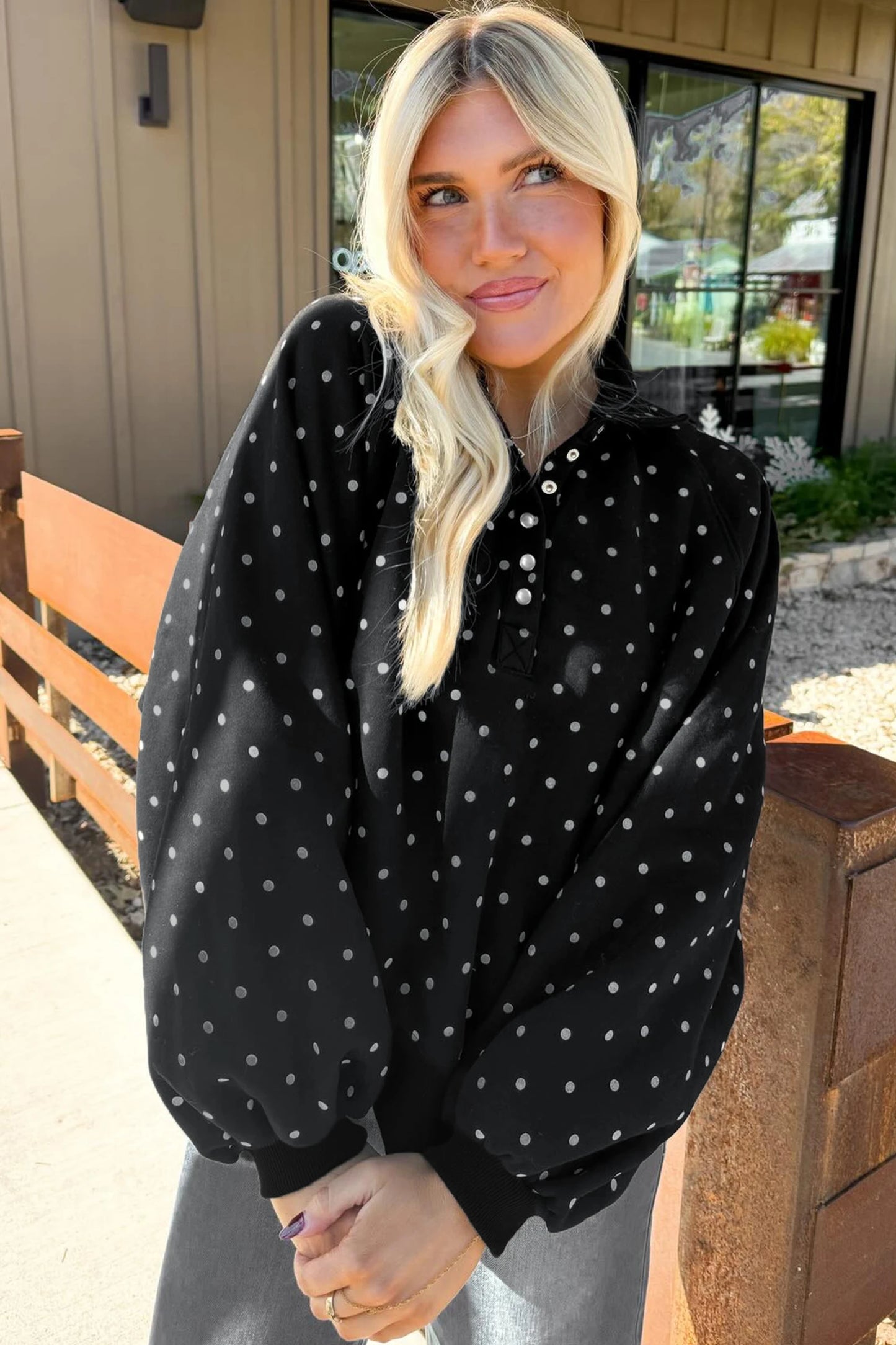 Polka Dot Button Collar Pullover Sweatshirt