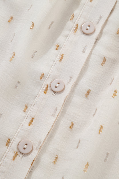 Beige Metallic Jacquard Puff Sleeve Button Blouse