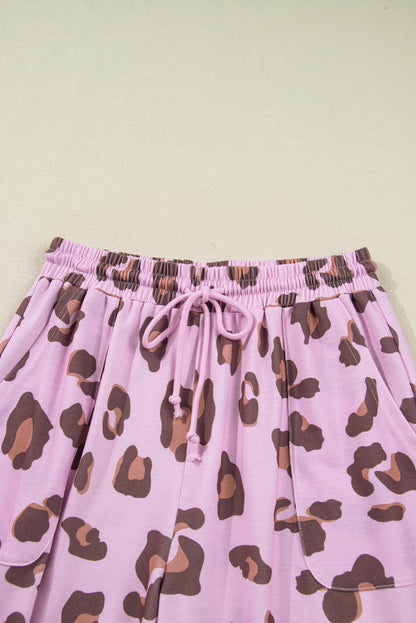 Leopard Print Wide Leg Drawstring Pants with Pockets