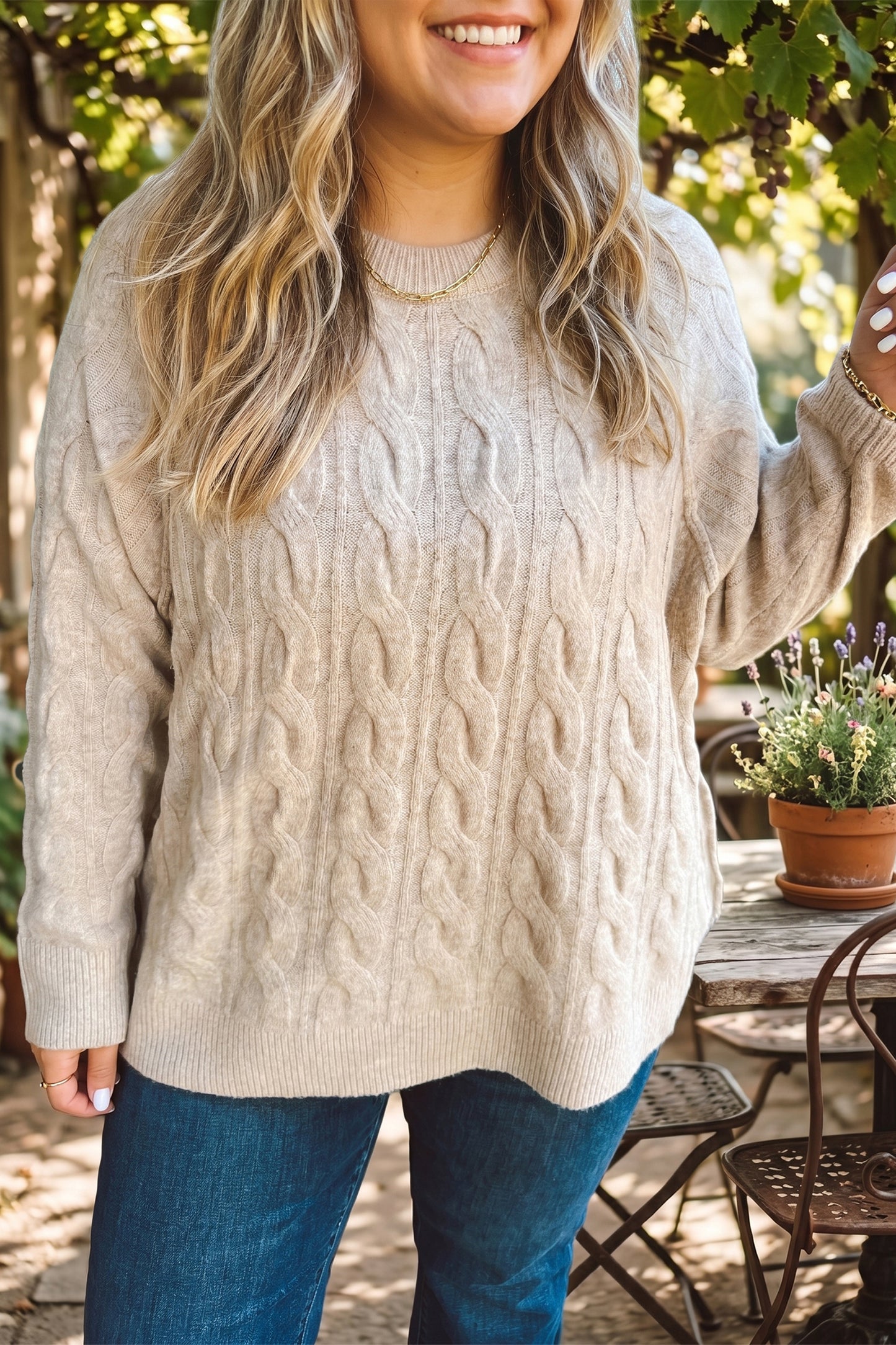Parchment Oversized Cable Knit Long Sleeve Round Neck Tunic Length Plus Size Sweater