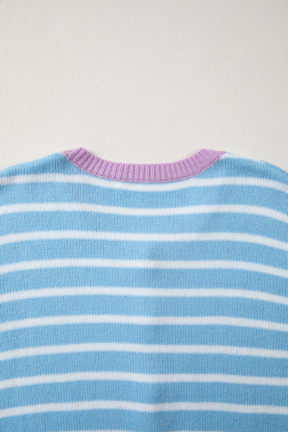 Sky Blue Pastel Stripe Button Knit Cardigan Sweater Top