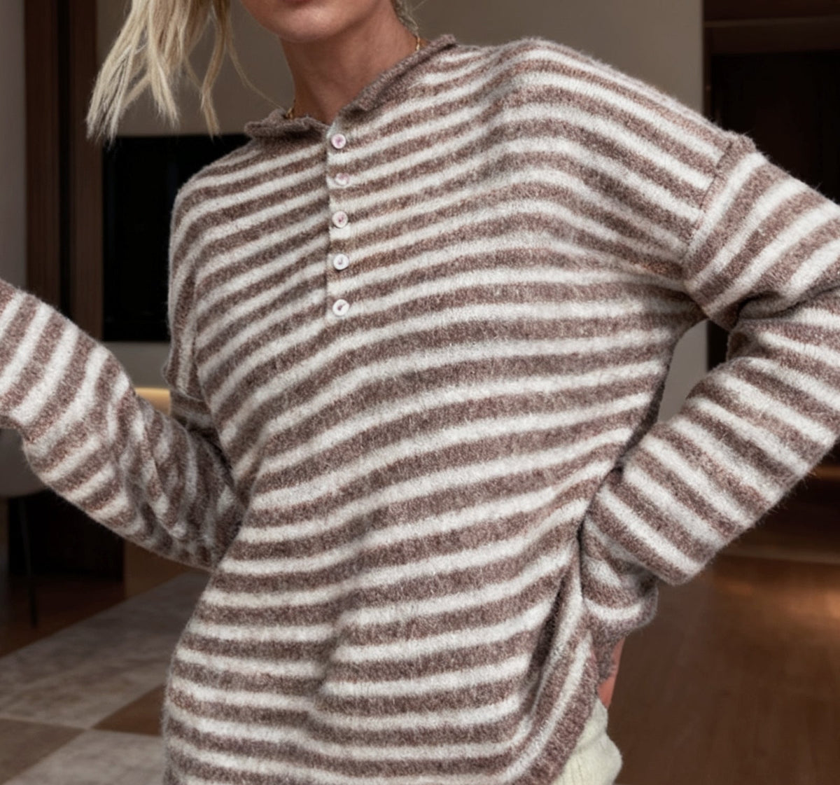 Women's Oversized Striped Polo Collar Fuzzy Knit Sweater
