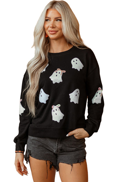 Black Sequin Ghost Bow Halloween Crew Neck Pullover Sweatshirt