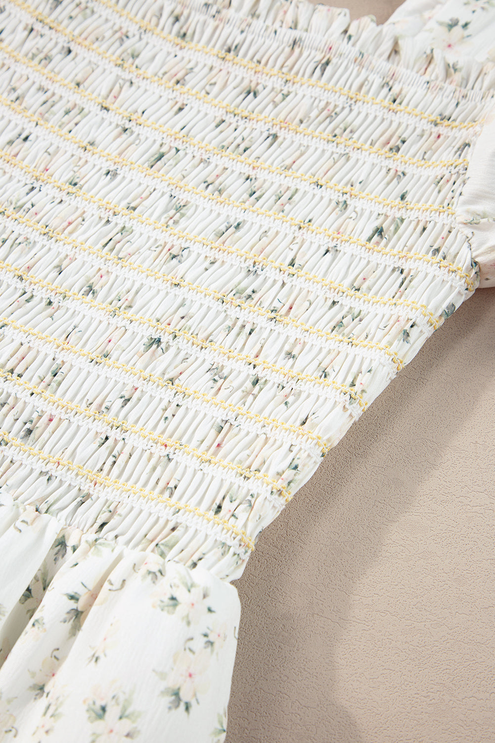 White Floral Shirred Smocked Tiered Maxi Dress
