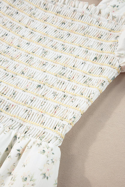 White Floral Shirred Smocked Tiered Maxi Dress