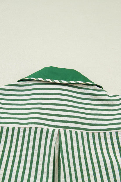Khaki Striped Split Neck Puff Sleeve Blouse Top