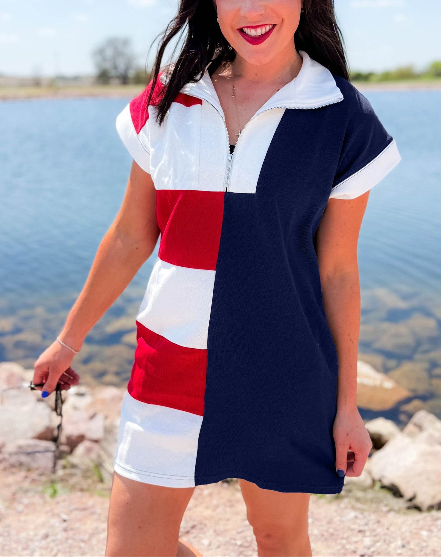 Americana Colorblock Zip Collar Flag Day Dress Independence