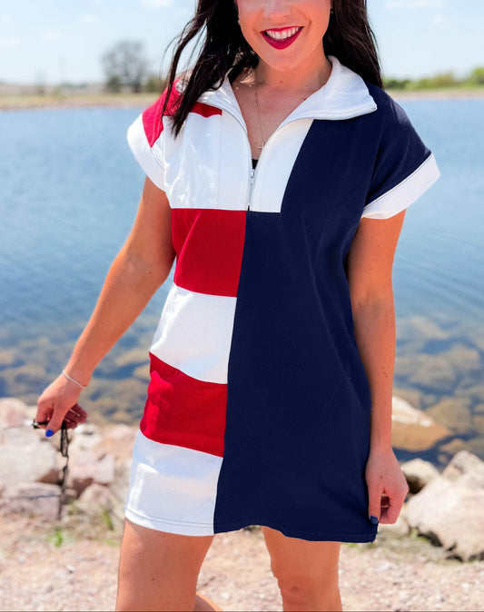 Americana Colorblock Zip Collar Flag Day Dress Independence