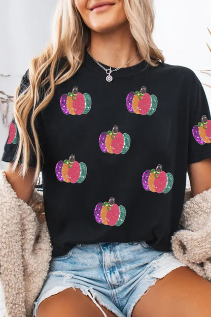Sequin Pumpkin Graphic Tee Halloween Fall Casual Top