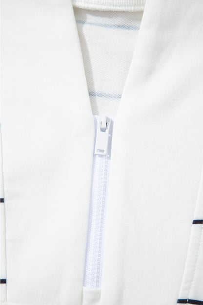 White Striped Zip V Neck Drop Shoulder Long Sleeve Top