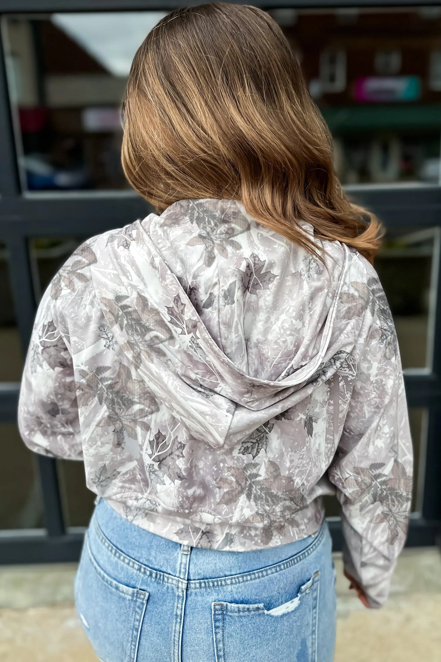 Gray Camo Leaf Print Quarter Zip Hoodie with Pocket