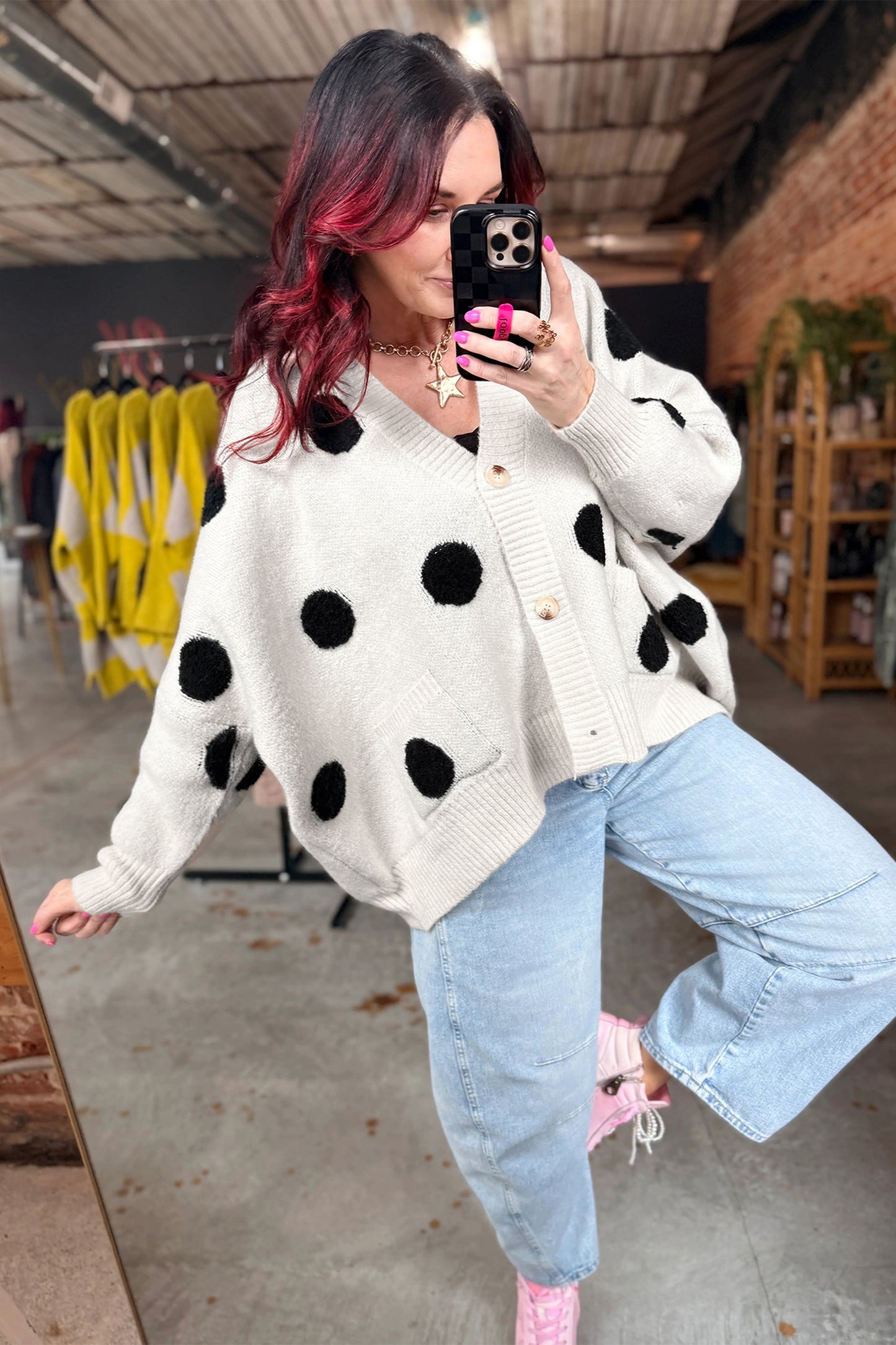 Polka Dot Oversized V Neck Knit Cardigan Sweater