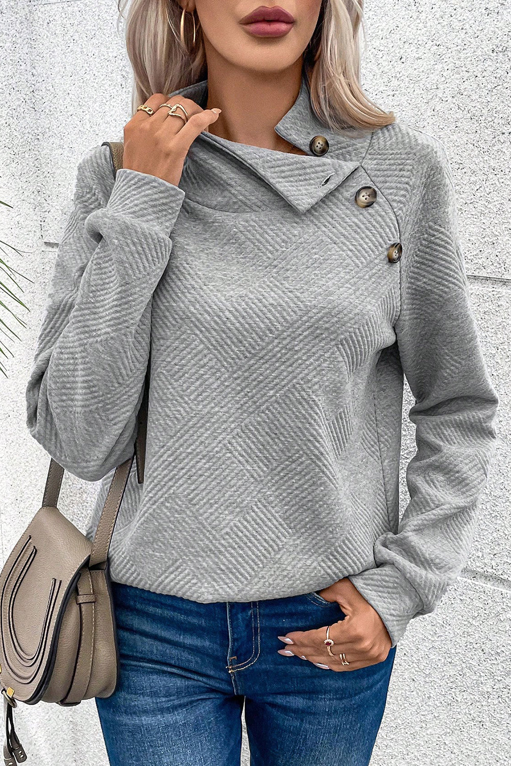 Black Asymmetric Buttons Detail High Neck Textured Sweatshirt