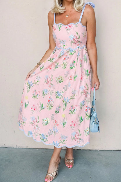Floral Tie Strap Midi Dress Women Summer Sundress