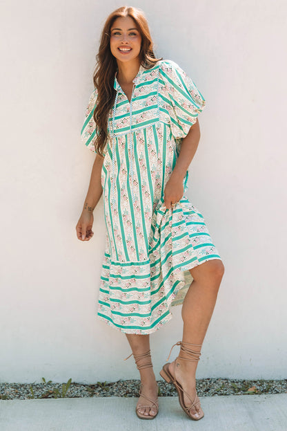 Women Striped Floral Print Puff Sleeve Midi Dress