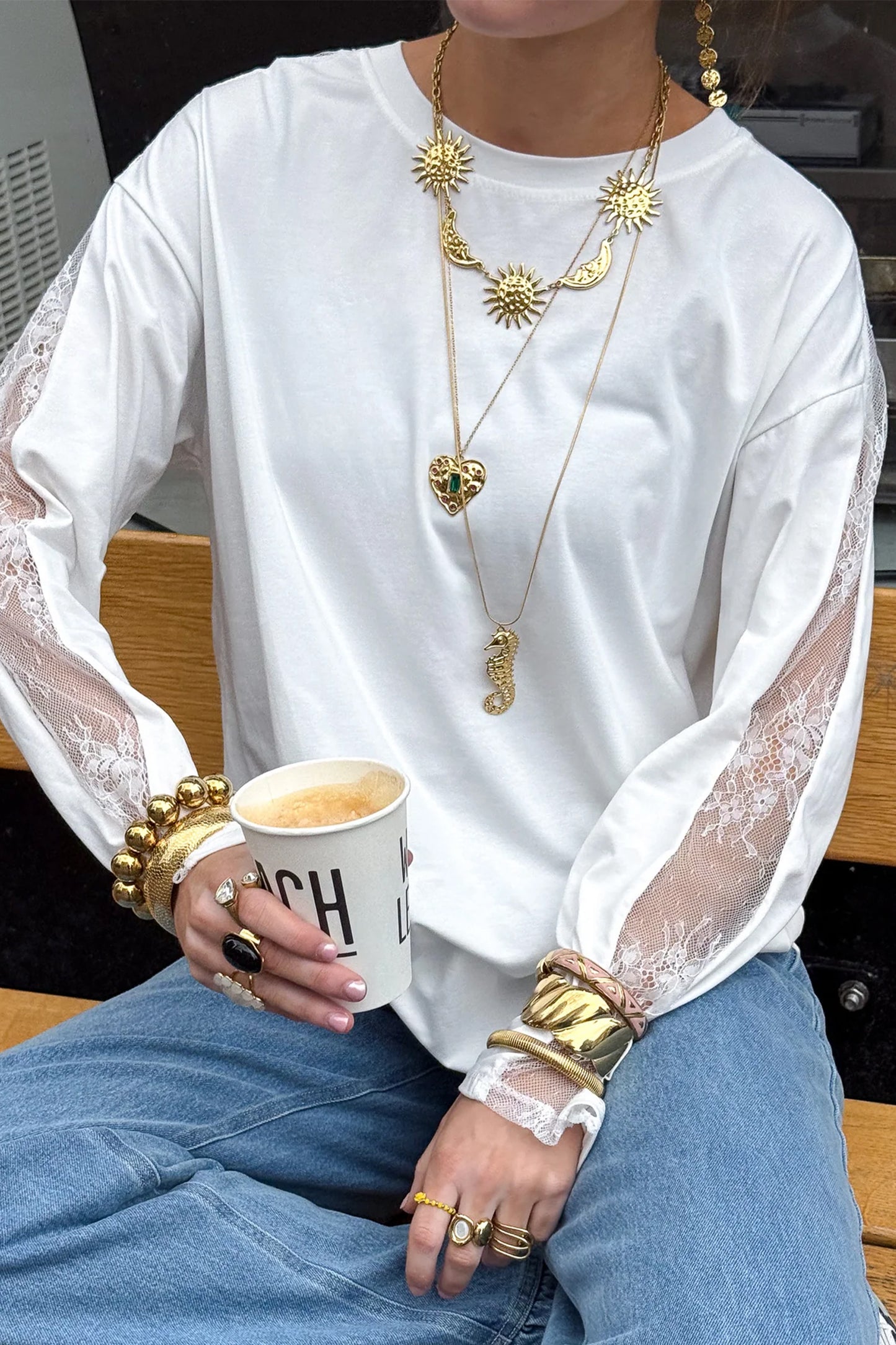 White Lace Sleeve Casual Round Neck Long Sleeve Top Women