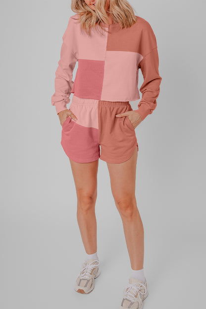 Peach Blossom Colorblock Patchwork Long Sleeve Shorts Outfit