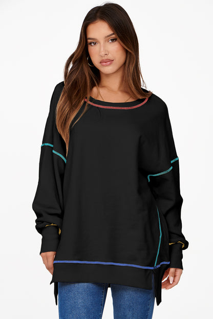 Contrast Stitching Split Baggy Sweatshirt