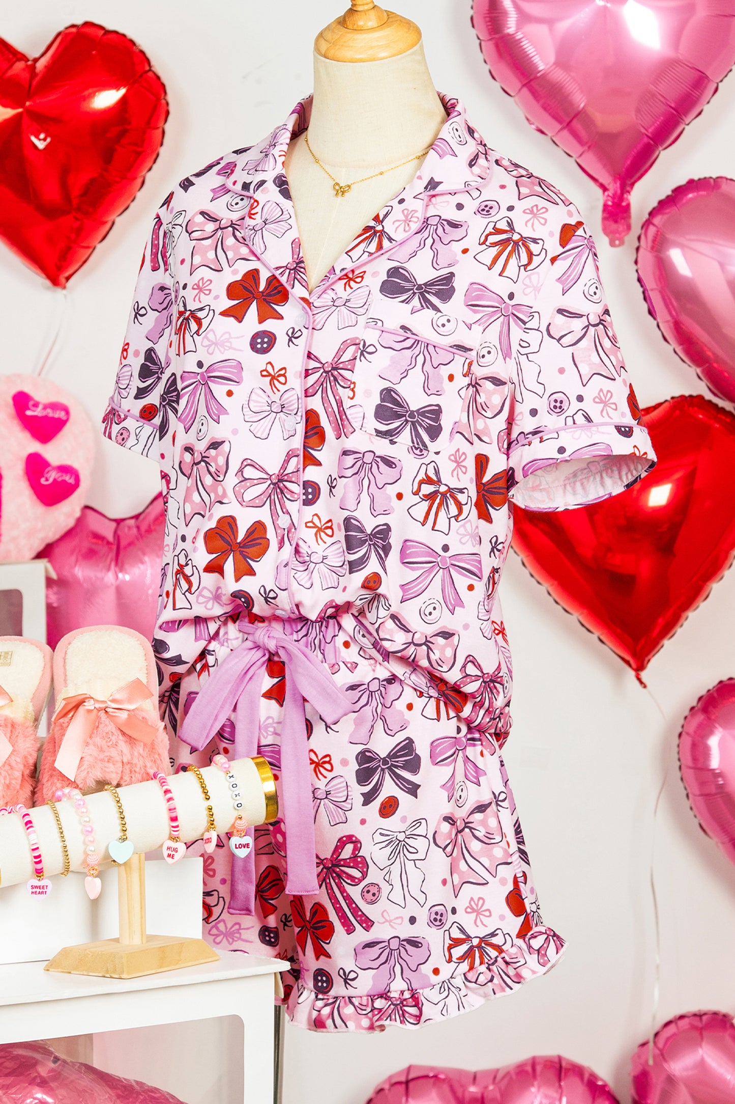 Pink Cute Ribbon Bows Printed Shirt Style 2pcs Pajama Set