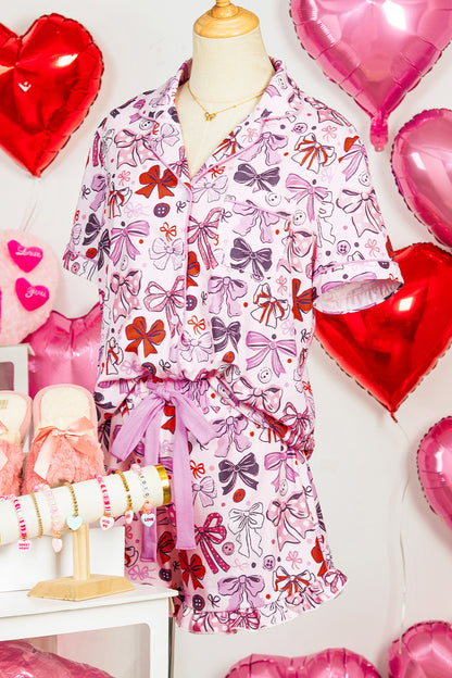 Pink Cute Ribbon Bows Printed Shirt Style 2pcs Pajama Set