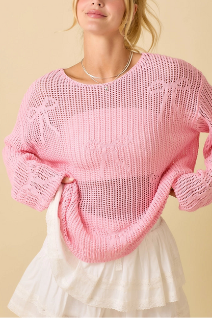 Lightweight Crochet Knit Boat Neck Sweater Top Pink
