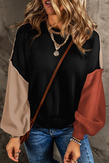 Colorblock Bishop Sleeve Ribbed Knit Sweater