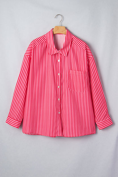 Red Stripe Tie Front Button Up Long Sleeve Casual Shirt