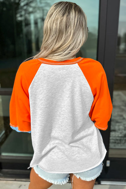 Chenille Pumpkin Halloween Color Block Long Sleeve Top