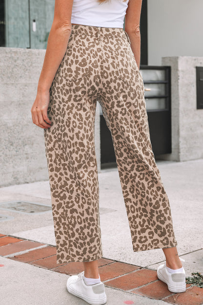 Leopard Print Barrel Leg Jeans High Rise Cropped