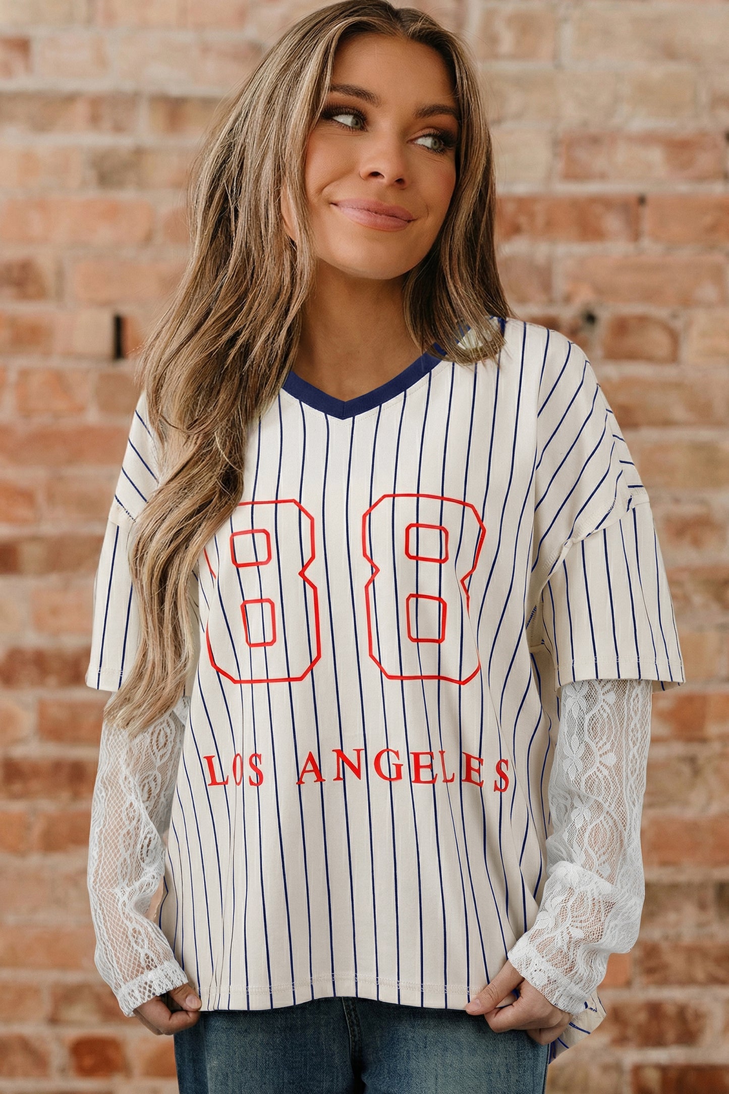 Striped 88 Graphic Lace Sleeve V Neck Faux Layered Top