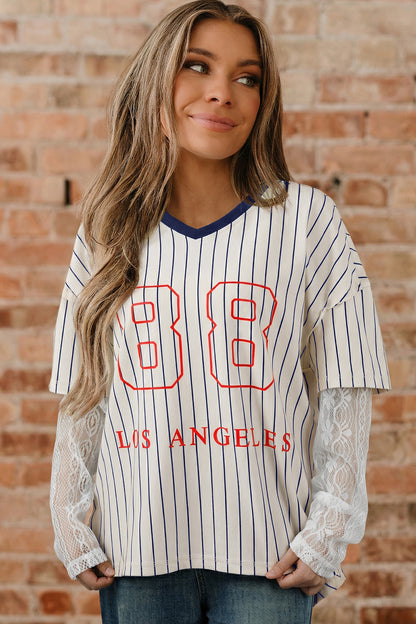 Striped 88 Graphic Lace Sleeve V Neck Faux Layered Top