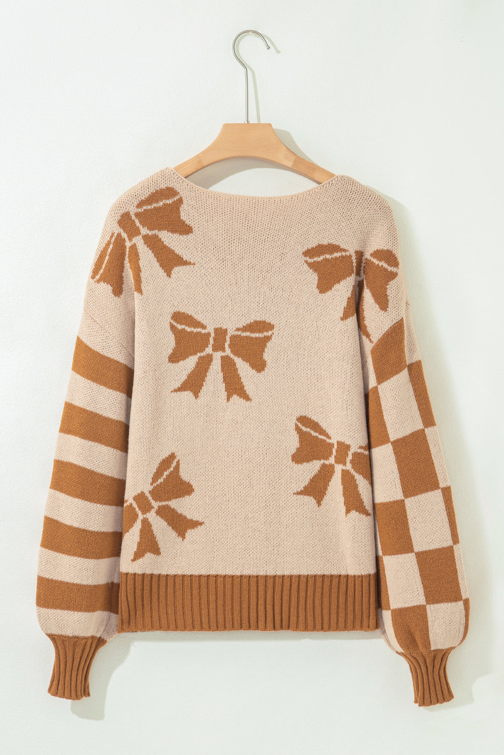 Bow Print Checkered Stripe Sleeve Drop Shoulder Sweater