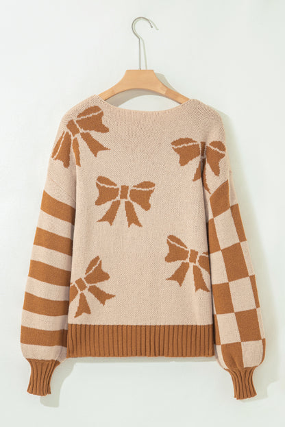 Bow Print Checkered Stripe Sleeve Drop Shoulder Sweater