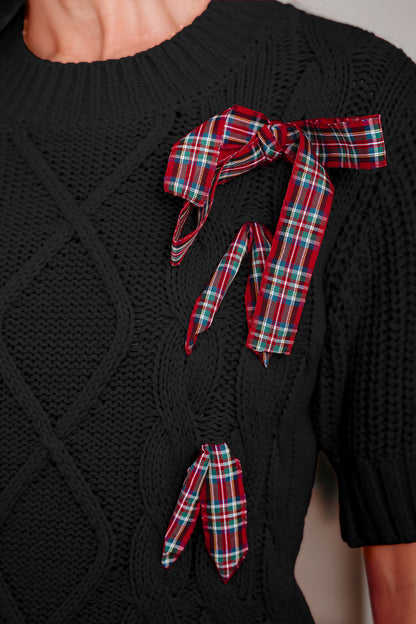 Red Plaid Bow Lace Up Cable Knit Short Sleeve Holiday Sweater