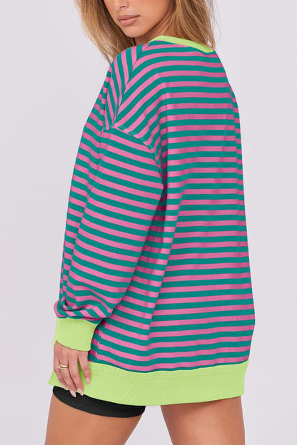 Bold Striped V-Neck Sweatshirt with Neon Contrast Trim