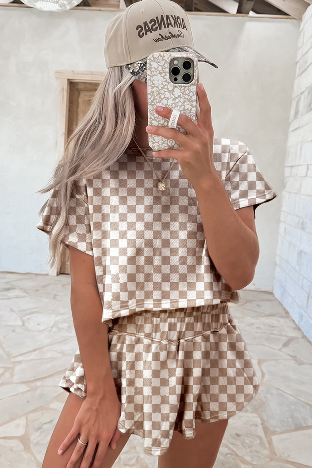 Brown Checkered Lounge Set Tee and High Waist Skort