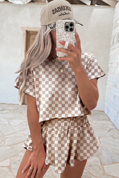 Brown Checkered Lounge Set Tee and High Waist Skort