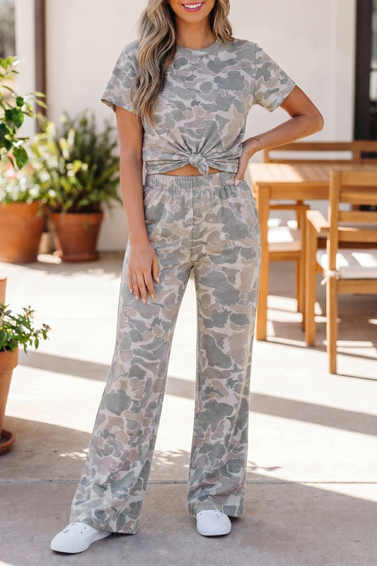 Camo Print Cotton Tee & Wide Leg Lounge Set