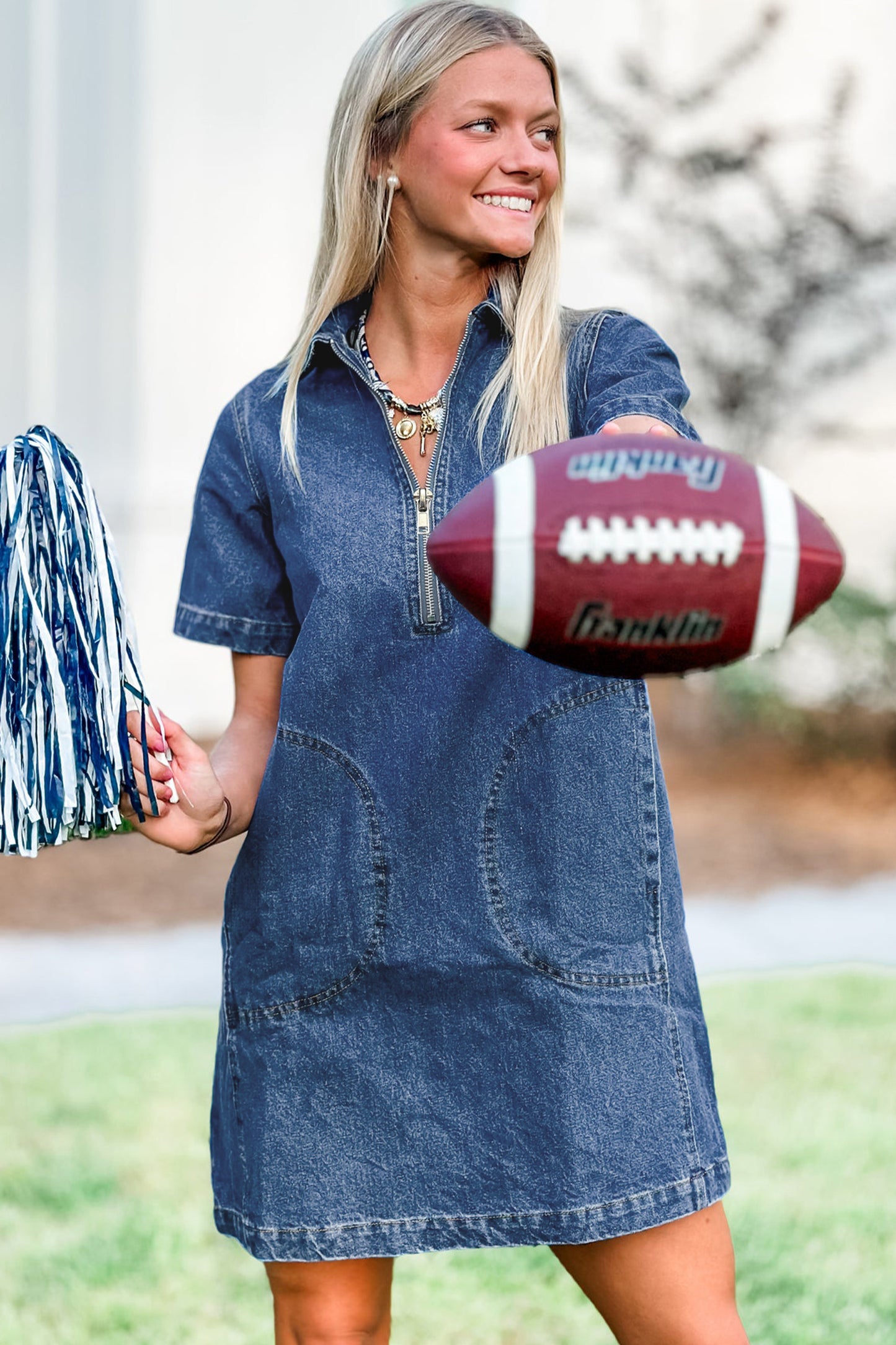 Blue Zip Front Collared Pocket Shift Denim Mini Dress