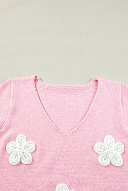 Pink Flower Crochet V Neck Short Sleeve Sweater