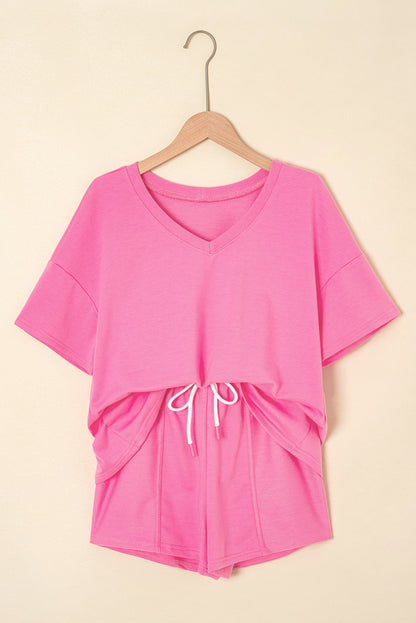 Pink V Neck Lounge Set Drawstring Shorts 2 Piece Set