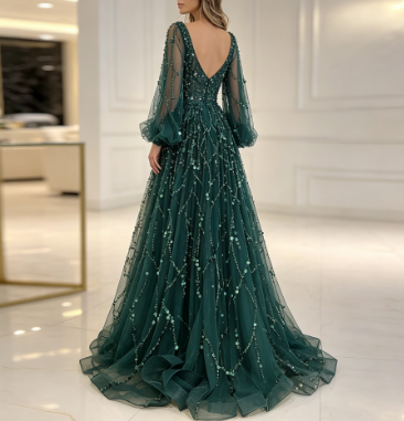 Women's Beaded V-Neck Puff Sleeve Formal Evening Gown
