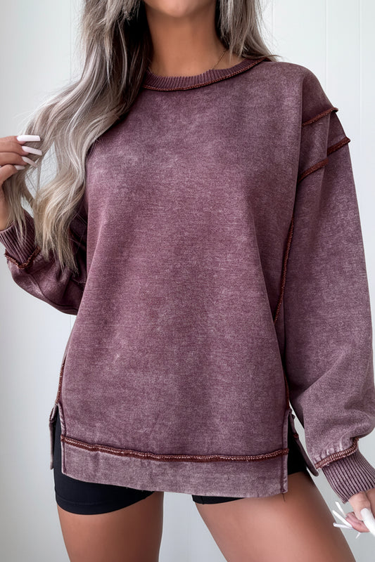 Mineral Wash Exposed Seam Sweatshirt Side Slit Casual Pullover