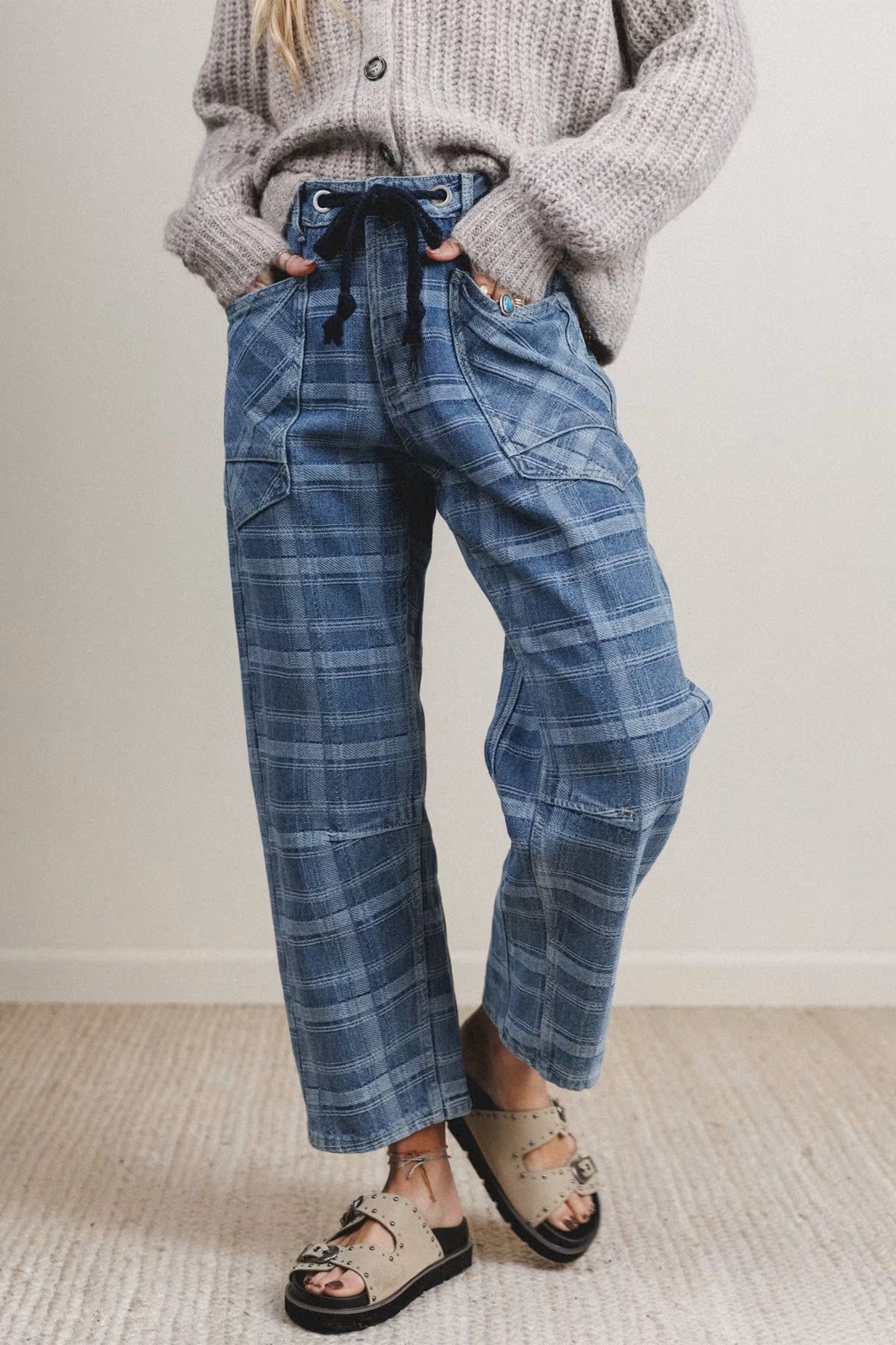 Plaid Denim Drawstring Wide Leg Utility Jeans