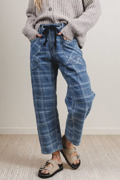 Plaid Denim Drawstring Wide Leg Utility Jeans