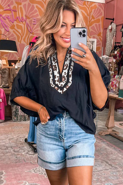 Rose Leopard Trim V Neck Dolman Sleeve Blouse Loose Fit Top