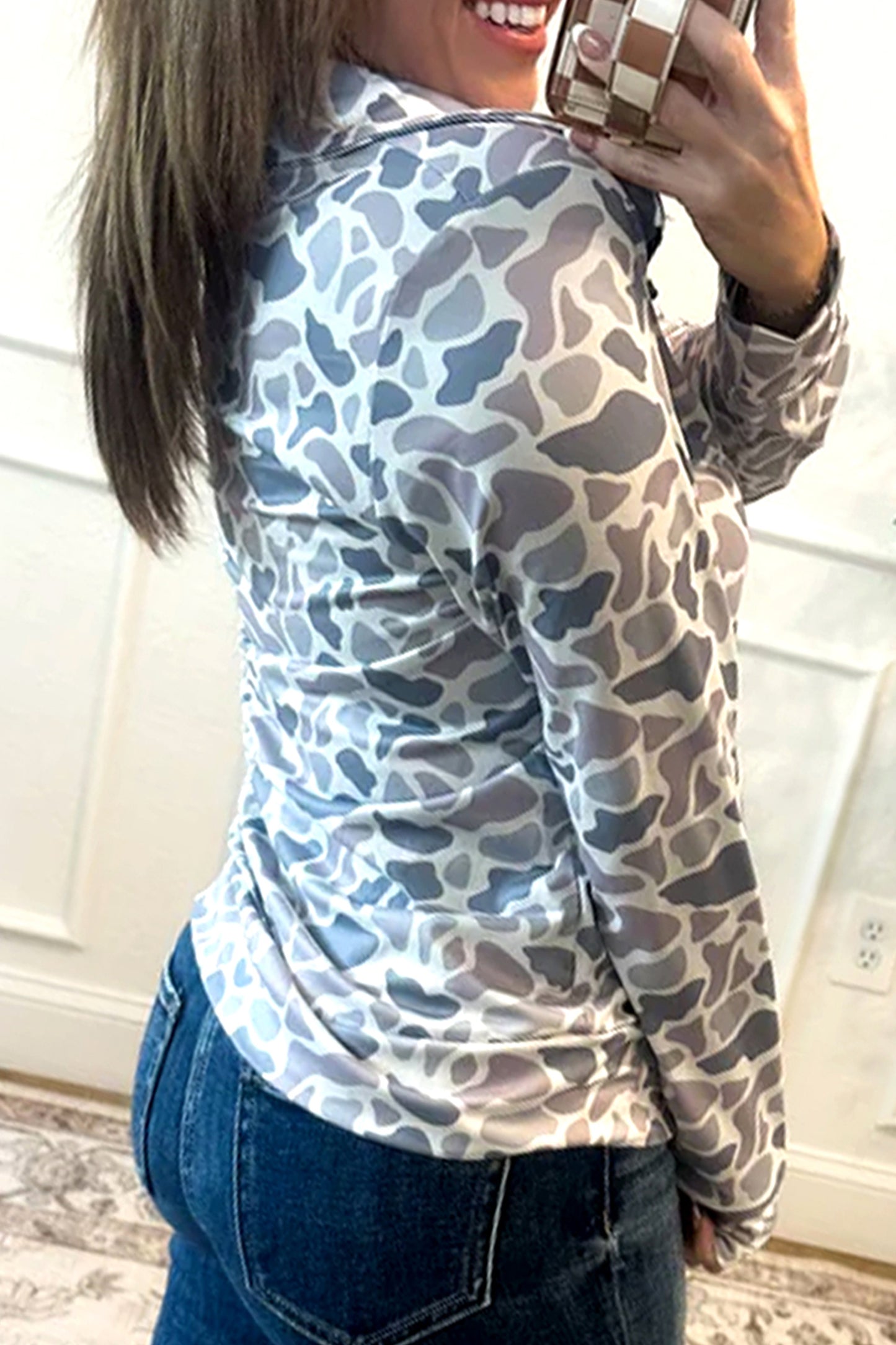 Camo Zip Collar Pullover Sweatshirt with Kangaroo Pocket